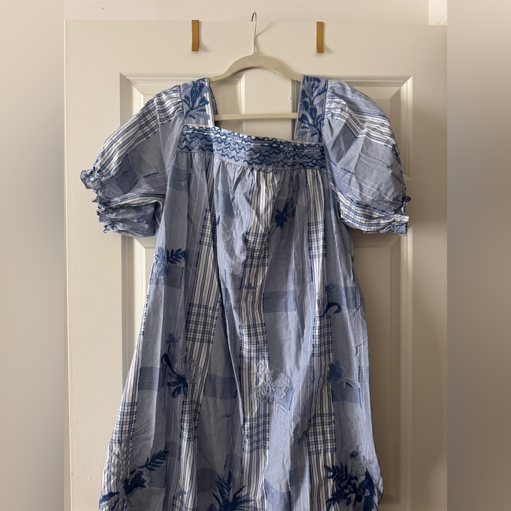 Johnny Was Blue and White Embroidered Mini Dress